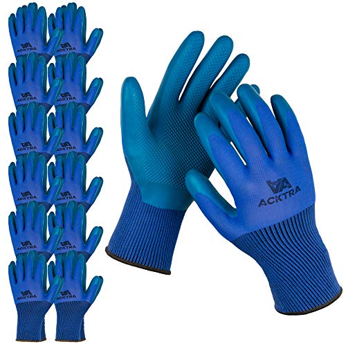 ACKTRA Premium Double Coated Nylon Safety WORK GLOVES 12 Pairs, Knit Wrist Cuff, Multipurpose, for Men & Women, WG016 Blue Polyester, Teal Latex, Small - color: Blue / Teal, size: Small (Pack of 12)