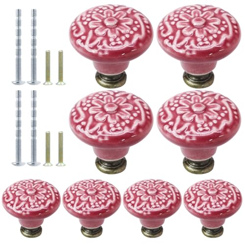 8pcs Rose Red Ceramic Knobs, Vintage & Retro Kitchen & Dresser Knobs, Decorative Drawer Pulls for Closet & Cupboard - color: Rose Red, size: 8pcs-1.3 Inch