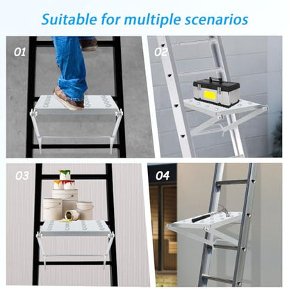 Ladder Work Platform, Foldable 400 lbs Capacity Tool Tray with Anti-Slip Surface, Silver Metal Tray for Painting, Wiring & Repairs on Multipurpose Ladders