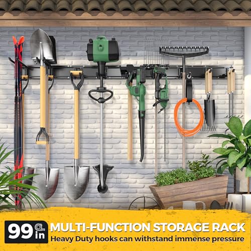 LBT 99" Garage Tool Organizer Wall Mount - 1000lbs Garden Tool Organizer with Adjustable Hooks, Heavy Duty Metal Garage Storage Rack, Anti-Rust Shed Rack Holder Hanging Rake Broom Mower Snowboard - size: 99inch