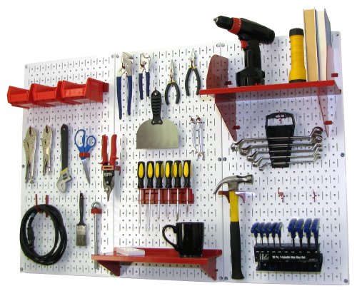 Wall Control Pegboard Organizer 4 ft. Metal Pegboard Standard Tool Storage Kit with White Toolboard and Red Accessories - color: White Pegboard Red Accessories