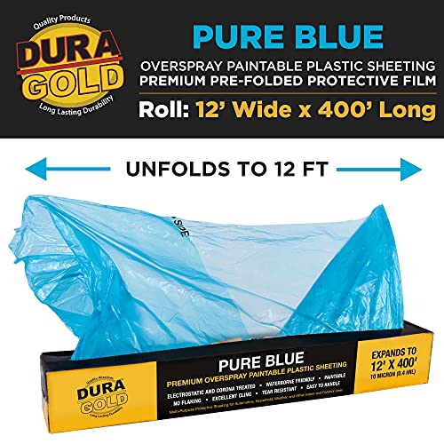 Dura-Gold 12' x 400' Pure Blue Protective Masking Film Cover - Overspray Paintable Sheeting Roll, Painters Plastic (10 Micron, .4 Mil) - Plastic Painting Protection for Auto & Household Paint Covering - size: 12' x 400'