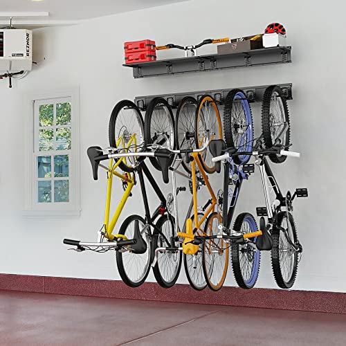 TORACK Wall Mounted Bike Storage Rack with Shelf, 6 Bikes Hangers for Garage, Space Saving Bike Rack Wall Mount, Holds Up to 600 lbs - size: 96" Rail