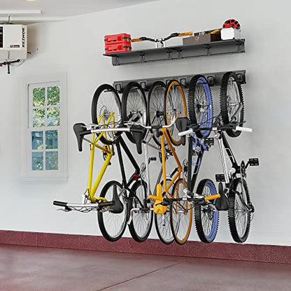 TORACK Wall Mounted Bike Storage Rack with Shelf, 6 Bikes Hangers for Garage, Space Saving Bike Rack Wall Mount, Holds Up to 600 lbs - size: 96" Rail