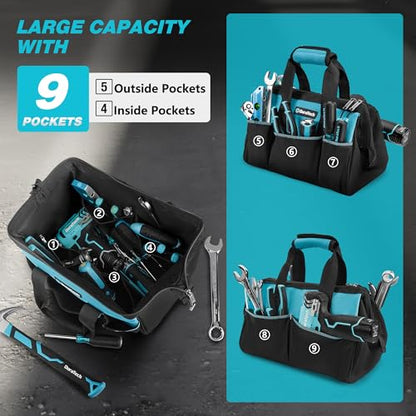 DURATECH 13-Inch Small Tool Bag with 9 Pockets, Tool Bags for Men Women, Toolbag with Thickened Fabric, Wide Open Mouth Tool Carrier for Mechanic Electrician Plumber HVAC - size: 13 Inch