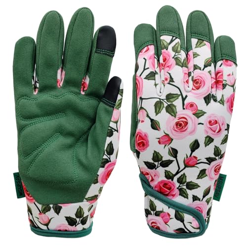 Thorn Proof&Puncture Resistant Gardening Gloves with Grip,Garden Glove for Women, Leather Yard Work Gifts - color: 1 Pair Per Pack-green+2florals, size: Small