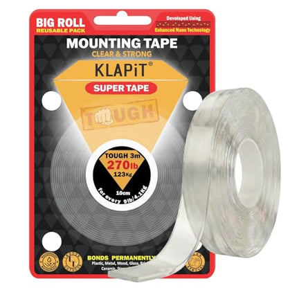 KLAPiT Super Tape 118in Clear Double Sided Heavy Duty Adhesive Tape, Enhanced Nano Technology Waterproof Mounting Tape, Holds 270 lbs 2.28lb per Inch - style: 1 Pack