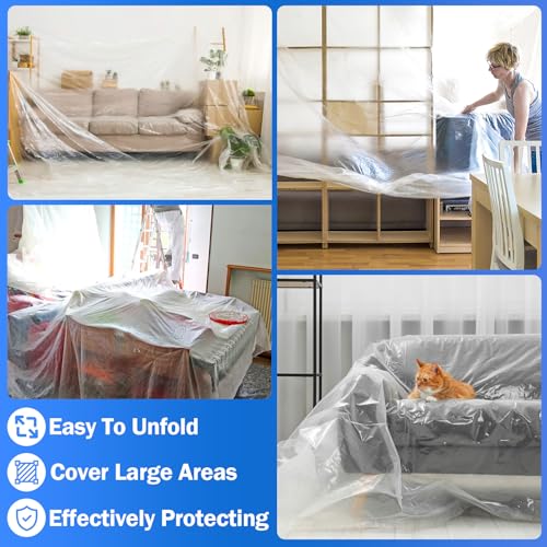 24 Pack 12 x 9 ft 0.4 MIL Large Painter’s Plastic Drop Cloth Painting Sheet-Light & Durable Dust Cover-Clear Plastic Sheet-Plastic Sheeting-Plastic Cover-Paint Drop Cloth- Plastic Floor Protector