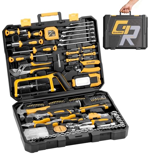 GRENPRO 218 Piece Tool Kit for Home, Tool Box with General Household Hand Tools Set, Herramientas with Screwdrivers, Wrenches, Hammer, Bow Saw, Folding Work Lamp, Electric Pen and Other Basic Tool Kit - style: Yellow Hand Tool Set 218PC