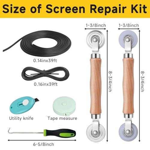 48"x177" Window Screen Replacement Kit & Screen Door Repair Kit, Fiberglass Mesh Roll with Spline, Roller, Hook, Cutter & Ruler, Sliding Screen Door & Window Mesh Replacement for Patio, Porch, Home - size: 48'' x 177''