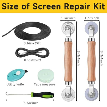 48"x177" Window Screen Replacement Kit & Screen Door Repair Kit, Fiberglass Mesh Roll with Spline, Roller, Hook, Cutter & Ruler, Sliding Screen Door & Window Mesh Replacement for Patio, Porch, Home - size: 48'' x 177''