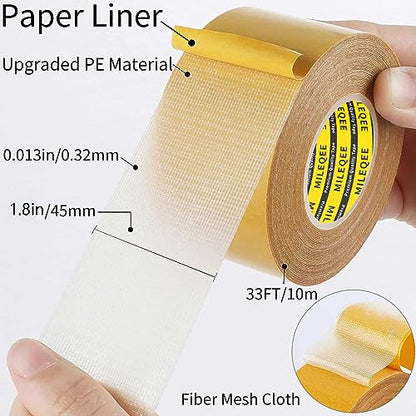 Double Sided Tape Heavy Duty, 1.8in x 33FT(10m), Universal High Tack, Strong Wall Adhesive with Fiberglass Mesh, Sticky Clear Tape, Easy Use Transparent, Hand Tearable, Home Office School - size: 1 Pack, 1.8" x 33FT