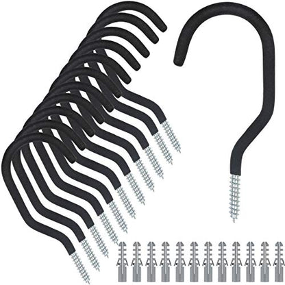 KURUI Heavy Duty Screw in Hooks for Hanging, 12 Pack Bike Hooks for Garage Wall with Screw Anchors, Wall Mount Bicycle Storage for Ceiling, Large Black Plant Hooks for Ceiling - style: 12 Pcs-6 in