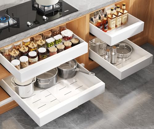 Seinloes 4 Pack Expandable Pull Out Cabinet Organizer 21"Deep With Raising Pad for Framed Cabinets,Upgrade 3 Slide Rails Slide Out Drawers,No Drill Roll Out Shelves,Adjustable Width 12.1"-20.4" White - color: White, size: 21"D x 12.1"-20.4"W(4Pack)