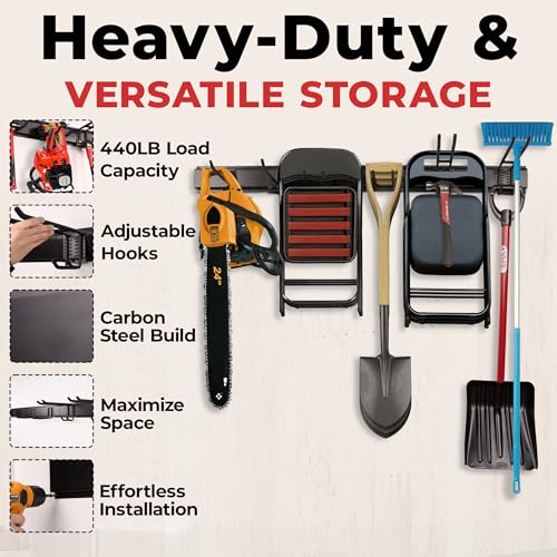 NINE FORTY Garage Tool Organizer Wall Mount - 49.5 Inches, 16" Stud Spacing, 440 LBS. Sturdy Rubber Coated Garden Tool Organizer and Storage Rack with Adjustable Hooks