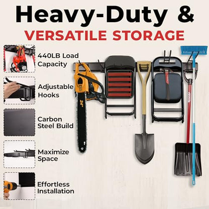 NINE FORTY Garage Tool Organizer Wall Mount - 49.5 Inches, 16" Stud Spacing, 440 LBS. Sturdy Rubber Coated Garden Tool Organizer and Storage Rack with Adjustable Hooks