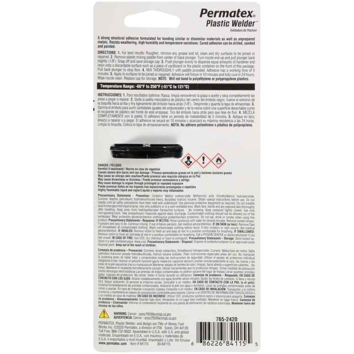 Permatex 84115 5-Minute Plastic Weld Adhesive, 0.84 oz.,Black (Pack of 2) - size: 0.84 Fl Oz (Pack of 2)