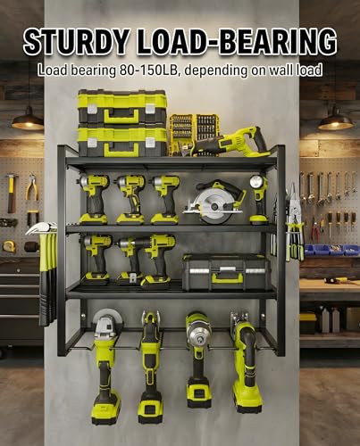 Wall Mount Tool Organizer, 3-Layer Heavy Duty Metal Rack for 4 Drills, with Screwdriver and Hammer Holder, 150 Lbs Capacity, Garage and Workshop Storage (trumpet, 4-4)
