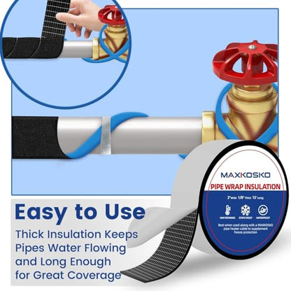 MAXKOSKO Pipe Insulation Tape, 13 Ft x 2 in Outdoor Water Pipe Wrap Insulation Roll, Foam Insulated Wrap Self-Adhesive for Pipe Freeze Protection, Heat Tape for Water Pipes, Copper PVC AC Line - style: 2 in x 13 ft