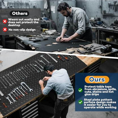 48" x 17" Work Bench Pad PVC Workbench Mat with Non-Slip Steel Plate Texture, 1.5mm Thick Scratch & Stain Resistant Surface for Woodworking, Crafting, DIY Projects and Tool Protection