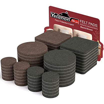 Yelanon Felt Furniture Pads -56 Pcs(1+2)” Premium Felt Pads for Chair Legs Furniture, Floor Protectors for Hardwood Floors,Black & Brown - size: 56 pcs 1" & 2" Mixed Black & Brown