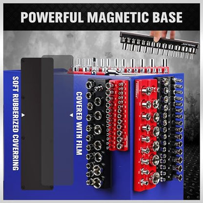 6-piece Magnetic Socket Organizer Set, Metric & SAE Drive Socket Holder, Includes 1/4", 3/8", 1/2", Holds 143 Pieces Magnetic Trays Red Black - style: 6PCS Red/Black