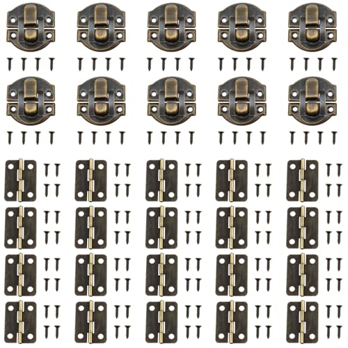 10 Set Mini Antique Bronze Jewelry Box Hinges and Latches Small Hinges for Wooden Box for Jewelry Box Hardware with Matching Screw Set