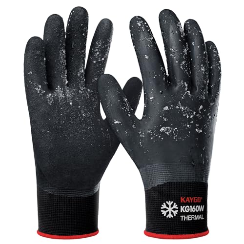 KAYGO Winter Waterproof Work Gloves for Men and Women, Thermal Insulated Freezer Rubber Coated Gloves,Super Grip,KG160 (M, Black) - color: Black-thermal, size: Medium