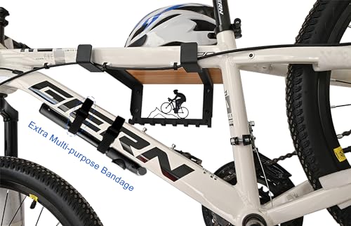 Bike Rack Wall Mount with Shelf and 8 Hooks Offer Horizontal Indoor Bike Storage for Sheds Garages. Wooden Bike Rack Bracket for Road, Mountain, Travel Bicycles, Maximizing Space