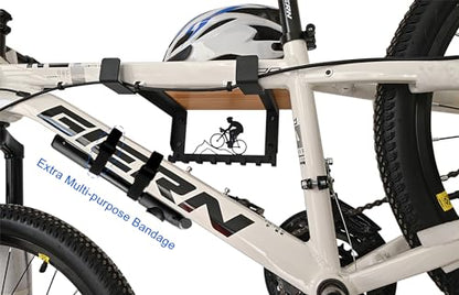 Bike Rack Wall Mount with Shelf and 8 Hooks Offer Horizontal Indoor Bike Storage for Sheds Garages. Wooden Bike Rack Bracket for Road, Mountain, Travel Bicycles, Maximizing Space