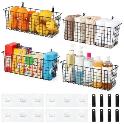 4 Set [EXTRA LARGE] Hanging Wall Mount Storage Baskets with Adhesive Hooks & Steel Hooks, Multiuse Sturdy Wire Metal Organizing Baskets for Home Kitchen Bathroom Pantry Utility Organizer, Black - size: Extra Large