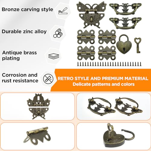 1 Set Retro Engraved Jewelry Box Hinges Hasp Catch Handles Lock Set, Decorative Hardware Kit with Screws for DIY Wooden Case Furniture Cabinet Suitcase Decoration and Repairs (Antique Bronze)