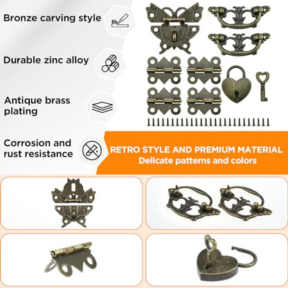 1 Set Retro Engraved Jewelry Box Hinges Hasp Catch Handles Lock Set, Decorative Hardware Kit with Screws for DIY Wooden Case Furniture Cabinet Suitcase Decoration and Repairs (Antique Bronze)
