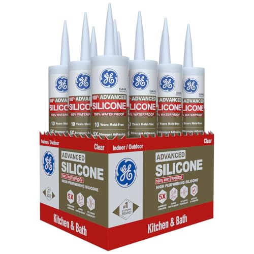 GE Advanced Silicone Caulk for Kitchen & Bathroom, Clear, 10 fl oz Cartridge, 12 Pack - 100% Waterproof Silicone Sealant, 5X Stronger Adhesion, Shrink & Crack Proof - color: Clear, size: Pack of 12
