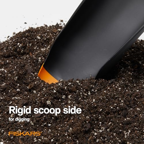 Fiskars Planting Soil Scoop & Brush Set, Dual-Sided Tool for Indoor Digging & Cleanup, Narrow Rigid End & Flexible Dustpan for Potting, Soft Bristles Sweep Debris, Recycled Plastic - style: Soil Scoop & Brush Set