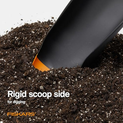 Fiskars Planting Soil Scoop & Brush Set, Dual-Sided Tool for Indoor Digging & Cleanup, Narrow Rigid End & Flexible Dustpan for Potting, Soft Bristles Sweep Debris, Recycled Plastic - style: Soil Scoop & Brush Set