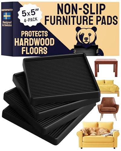 CasterMaster Non-Slip Furniture Pads for Hardwood Floors - 5 in x 5 in Pack of 4 - Black - Heavy-Duty Rubber Feet & Floor Protectors for Furniture - Noise-Dampening Anti-Skid Caster Cups - color: Black, size: 5'' X 5'' (Pack of 4)