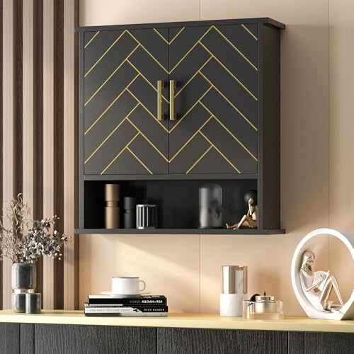Black Chevron Pattern Bathroom Wall Cabinet, Modern Hanging Medicine Cabinet with Gold Hardware, Space-Saving Over Toilet Storage Organizer (23 5/8" x 22 7/8" x 7 1/8") - style: Chevron Pattern-Black