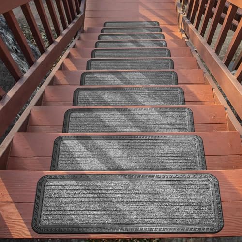 Ottomanson Outdoor Rubber Stair Treads – Ribbed Heavy-Duty Non-Slip Stair Mats – Best Grip on Concrete, Brick & Textured Step – Fastening Recommended for Wooden & RV Steps, Pack of 5 - color: Gray Ribbed