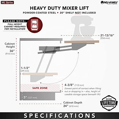 Rev-A-Shelf Heavy-Duty Stand Mixer Lift for Kitchen Base Cabinets with Soft-Close, Zinc - Spring-Loaded Lifting System for Small Countertop Appliance Storage, RAS-ML-HDSC - style: Lift Soft-Close