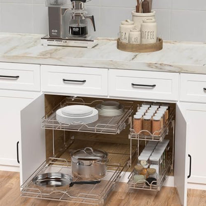 OCG 2 Tier Pull Out Cabinet Organizer (22.5" W x 21.5" D), Pull Out Drawers for Kitchen Cabinets, Pull Out Shelves for Base Cabinet Organization in Kitchen Bathroom Pantry, Chrome Finish - size: 22.5"W x 21.5"D, 2 Tier