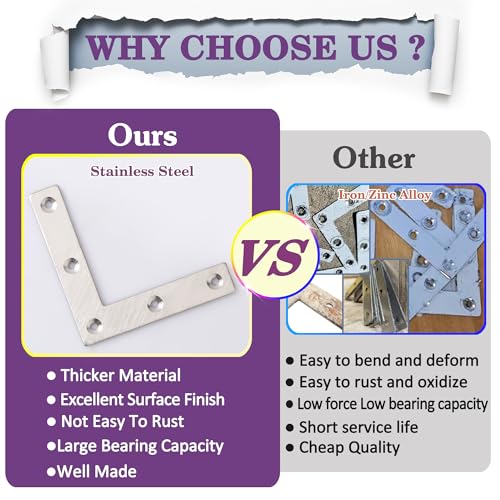 Alise L Flat Brackets,Corner Bracket Corner Brace Mending Plate Repair 80mm x 80mm Stainless Steel Flat Braces for Wood Tables, Chairs, Sofas, Beds, Cabinets, Doors and Windows,Brushed,Pack of 10 - size: 80x80mm(10Pcs), style: Brushed