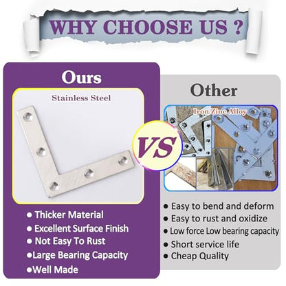 Alise L Flat Brackets,Corner Bracket Corner Brace Mending Plate Repair 80mm x 80mm Stainless Steel Flat Braces for Wood Tables, Chairs, Sofas, Beds, Cabinets, Doors and Windows,Brushed,Pack of 10 - size: 80x80mm(10Pcs), style: Brushed