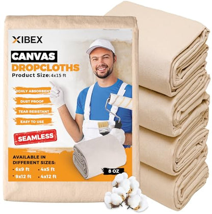Canvas Drop Cloth for Painting (4x15) ft with Thick Texture, Sturdy Multi-Purpose Painting Drop Cloth Canvas for Curtains, Furniture & Floor Protection, Pack of 4 Drop Cloths for Painting Canva