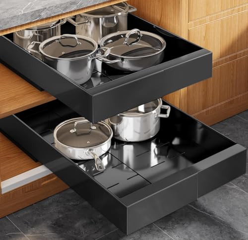 Seinloes 2 Pack Expandable (9"-14") Pull Out Cabinet Organizer 21" Deep With Raising Pad for Framed Cabinets,Upgrade 3 Slide Rails Slide Out Drawers,No Drill Roll Out Shelves Adhesive,Black - color: Black, size: 21"D x 9"-14"W(2Pack)