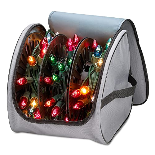 Premium Christmas Light Storage Bag – Heavy-Duty 600D Tear-Proof Material with Reinforced Handles – Includes 3 Reels, Stores up to 375 Ft of Mini Lights & Extension Cords – Grey with PVC Lining - color: Gray