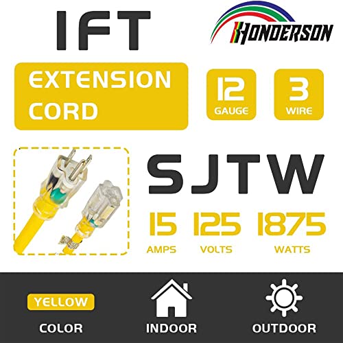 Extension Cord Weatherproof with Lighted End, UL Certified, 12 Gauge 1FT Yellow 3 Prong Heavy Duty, 12/3 SJTW 15A Power Cord for Lights, Lawn - size: 1ft, style: 12/3