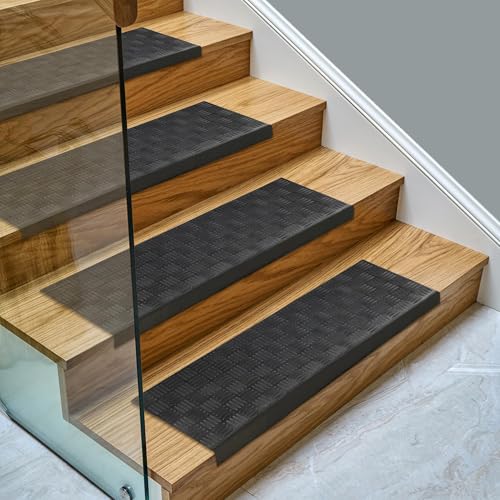 Ottomanson Bullnose Stair Treads Outdoor – Ribbed Heavy-Duty Non-Slip Stair Mats – Best Grip on Concrete, Brick & Textured Step – Fastening Required for Wooden & RV Steps, Pack of 5 - color: Black Ribbed Squares - Bullnose