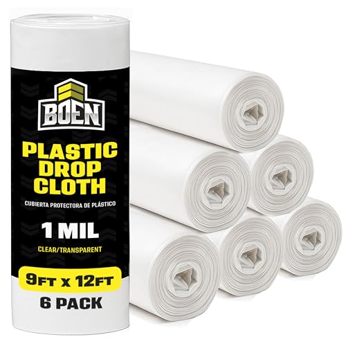 BOEN 9x12 Clear Plastic Drop Cloth – 6-Pack 1 Mil Painters Plastic Sheeting – Waterproof Paint Cover for Furniture, Floor, Window & Dust Protection – Disposable Plastic Tarp for Painting & Renovation - size: 1 Mil - 6-Pack