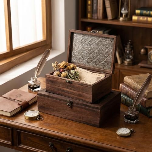2 Set Retro Design Jewelry Box Hinges and Latches Antique Right Latch Hook and Vintage Hinge Hardware with Matching Screws, Small Hinges for Wooden Boxs Jewelry Ring Box DIY Hand Craft(Bronze, Yellow)
